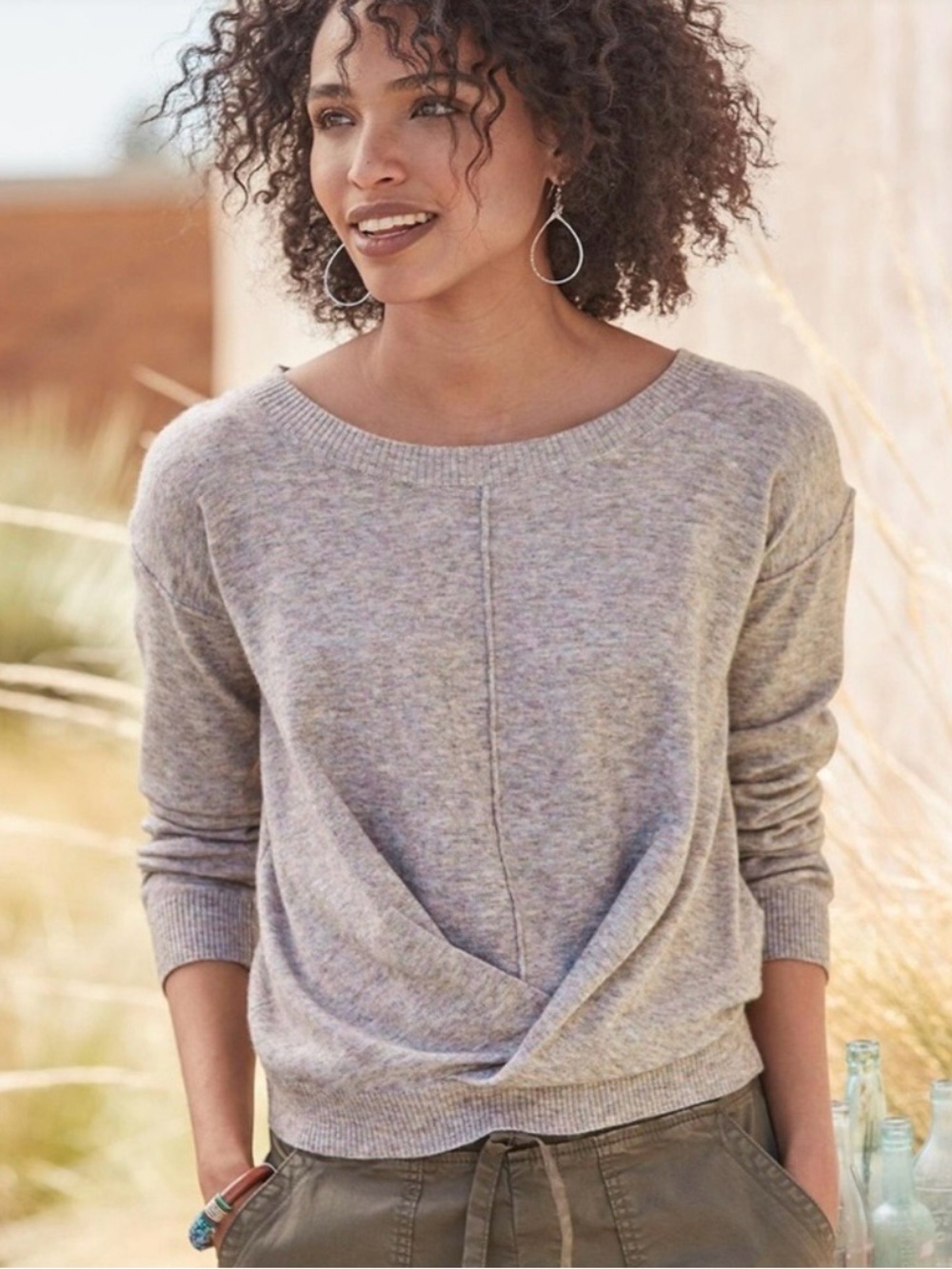 Sundance Light Heather Gray Twist-Front Boat Neck Long Sleeve Sweater. Size L